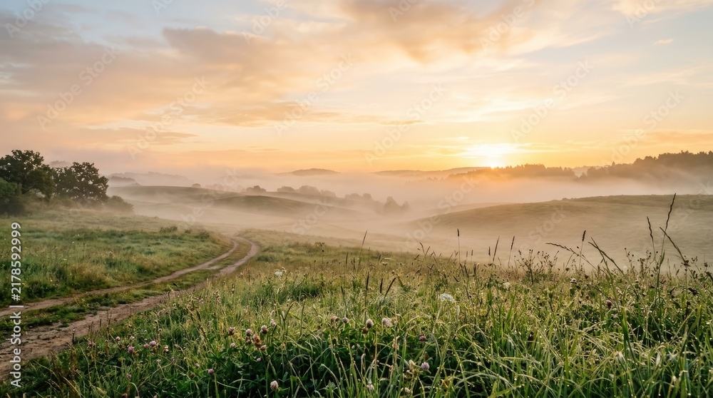 Obraz premium The sun rises over a misty landscape, illuminating a grassy field with wildflowers. A dirt path winds through the meadow, leading towards distant hills.