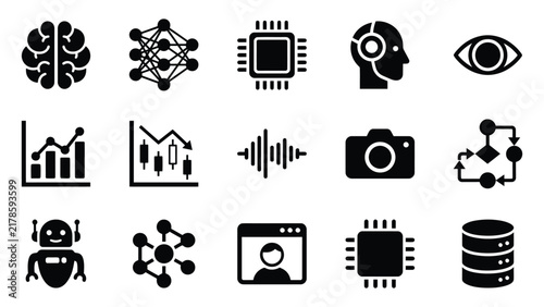 Collection of 15 black icons representing artificial intelligence and technology concepts, including brain, neural network, cpu, robot, eye, camera, and data storage