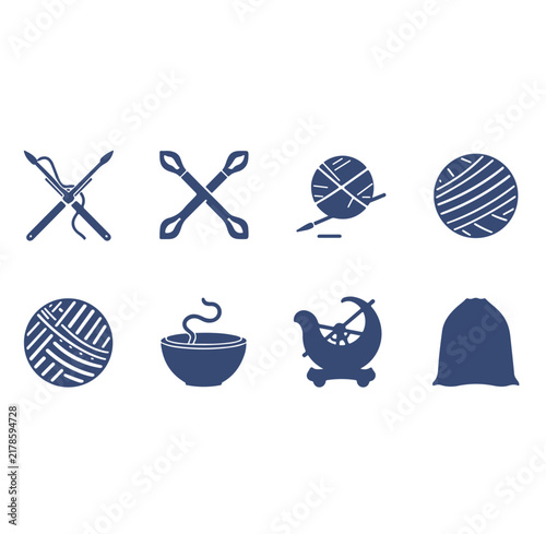 Bild auf Leinwand Set of eight dark blue knitting and crochet icons including crossed needles, yar