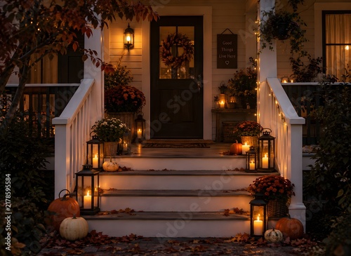 Front porch decorated with pumpkins and lanterns at night
