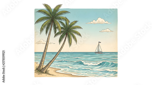 A tranquil beach scene with palm trees and a sailboat for the concept of vacation and relaxation.