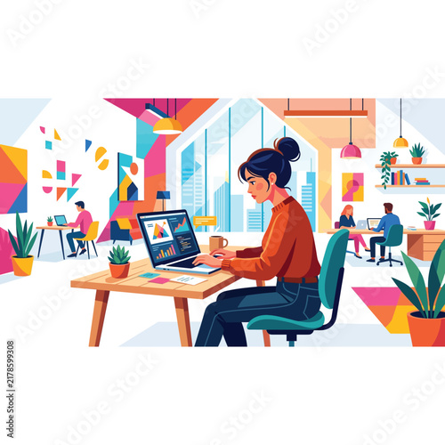 Woman Working Remotely in Colorful Office.