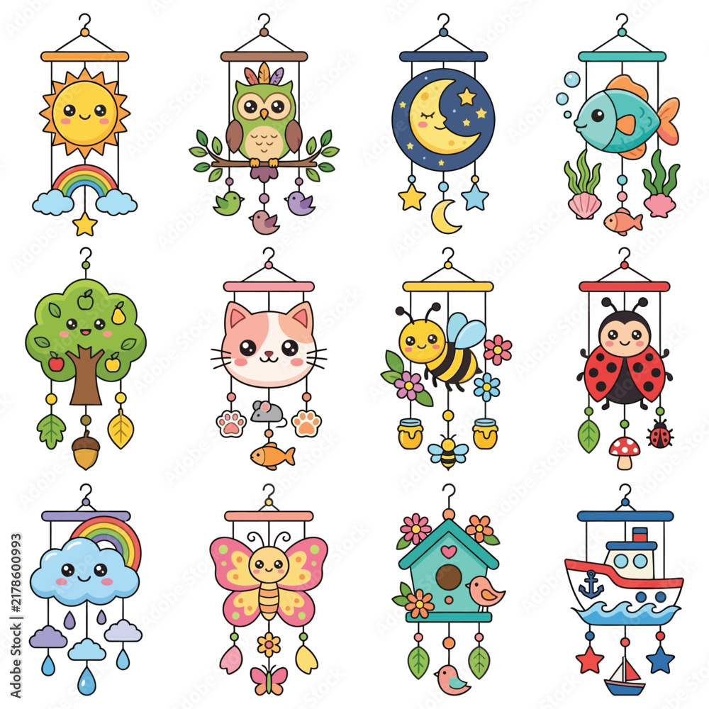 Obraz premium Colorful Whimsical Mobile Hanging Decorations Set.