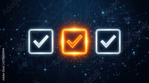 Digital Checkmarks on Futuristic Technology Network Background