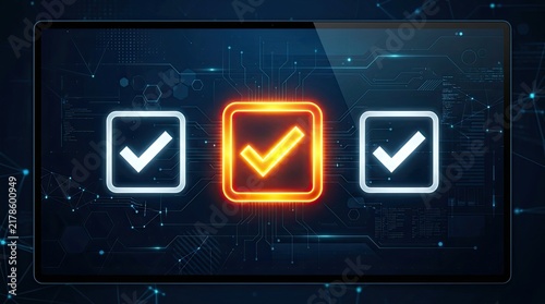 Digital Checklist with Glowing Checkmark on Futuristic Technology Background