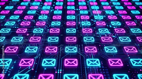 Digital Network of Email Icons on Circuit Board Background with Neon Glow