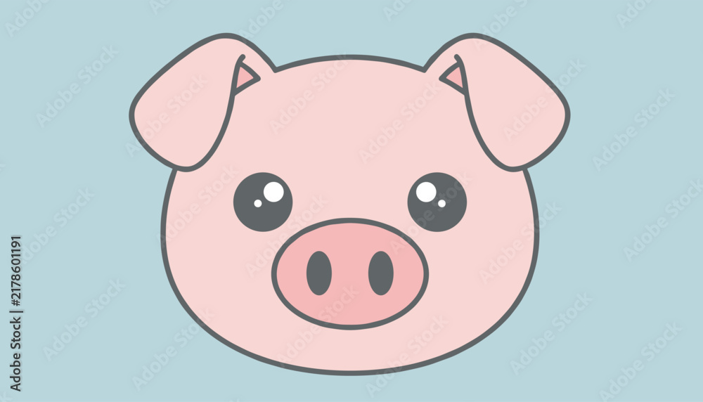 Fototapeta premium Cute cartoon style illustration of a baby pink pig face with big sparkling eyes on a soft light blue background.