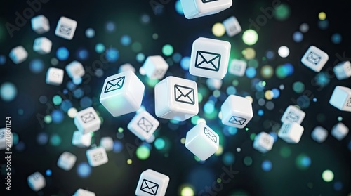 Digital Email Communication Concept with Flying Mail Icons. Online Business Technology Background.
