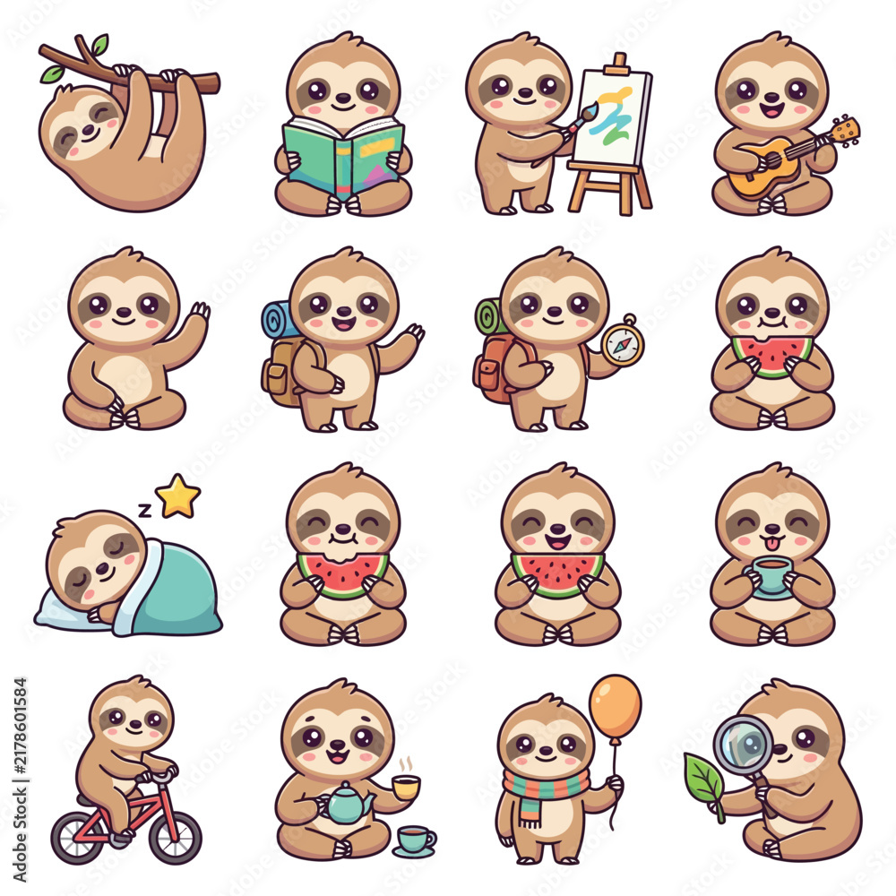 Fototapeta premium Cute Sloth Characters in Various Playful Activities.