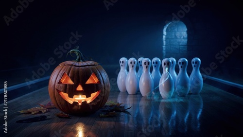 Halloween pumpkin with glowing face and ghost bowling pins in dark spooky bowling alley.