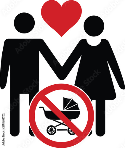 Childfree couple icon vector with crossed out baby stroller and heart symbol