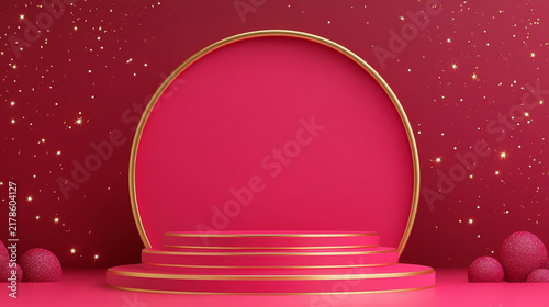 Red product presentation podium with golden accents and circular backdrop for luxury display red background product showcase premium quality