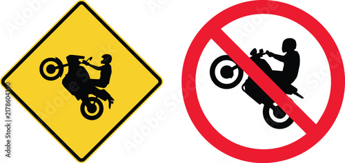 No motorcycle wheelie warning sign set isolated on white background