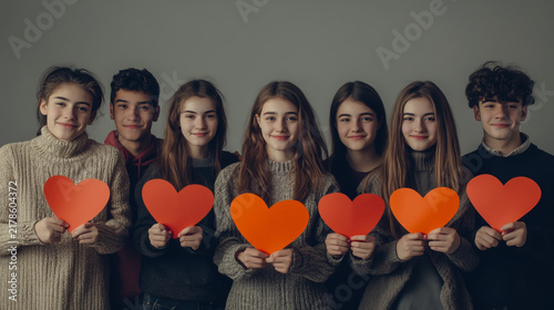 Group of diverse teenagers and young adults holding red paper hearts standing in a row with group portrait diverse youth standing together grey wall