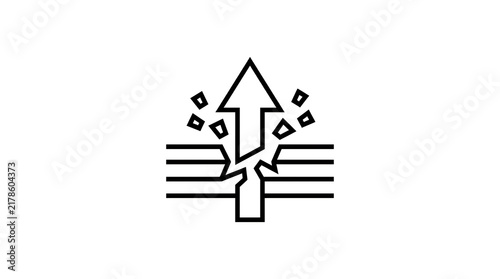 Black outline icon of a vertical upward arrow breaking through barriers representing breakthrough and progress with breakthrough progress illustration