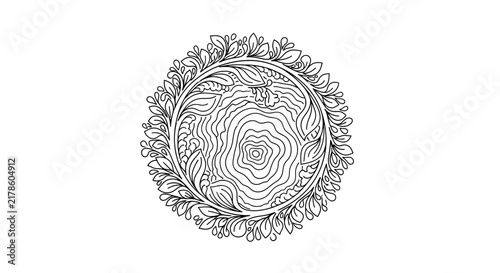 Detailed line art of wood grain circle with leaves.