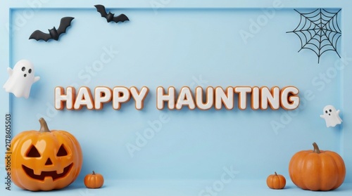 Happy halloween pumpkins with spooky bats and ghost