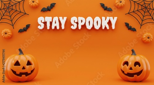 Happy jack o lanterns with spooky bats and orange halloween background