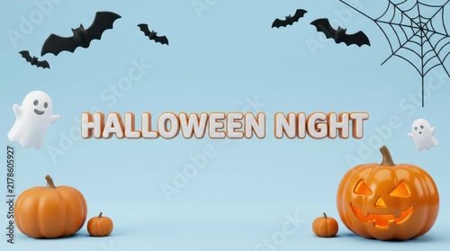 Halloween pumpkins with bats and ghost on pastel background
