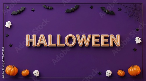 Halloween neon text with ghosts and pumpkins on purple background