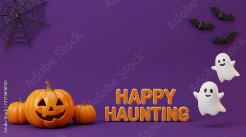 Happy halloween jack o lantern with ghosts and bats