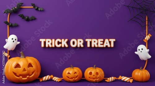 Happy halloween trick or treat pixel art with ghosts and pumpkins