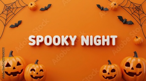 Spooky halloween jack o lanterns with bats and pumpkins in orange night sky