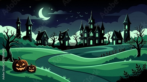 Spooky Halloween vector background, haunted house silhouette, jack-o-lanterns in front yard, crescent moon, night landscape, haunted village, cartoon spooky atmosphere, green hills