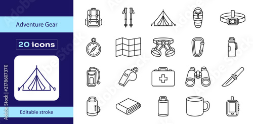 Adventure gear editable stroke icon set with camping tent, backpack, compass, climbing harness, carabiner, binoculars, first aid kit, water bottle and outdoor equipment.