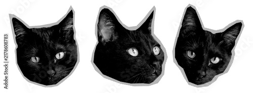 Old Grunge Halftone Black Cat Face Collection. Halloween paper cutout sticker set for collage, journal and scrapbook design