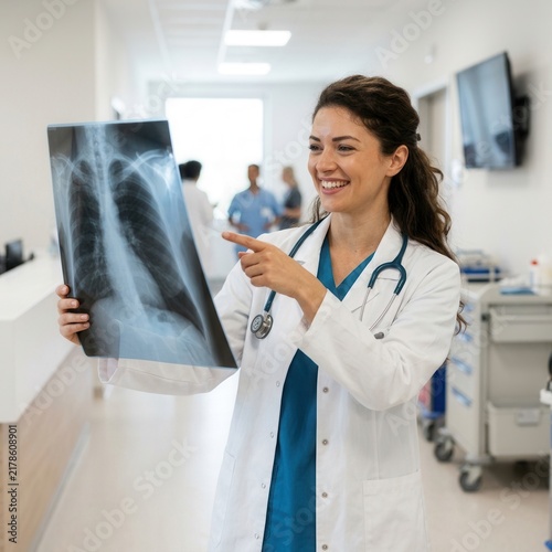 Smiling Doctor Examines X-Ray in Modern Hospital Corridor