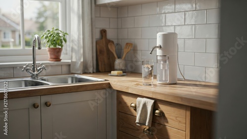 Modern kitchen counter with double sink faucet and water dispenser, white tiled backsplash adds clean functionality.