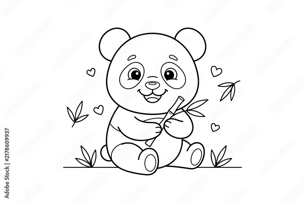 Fototapeta premium Panda silhouette with bamboo leaf against a black background