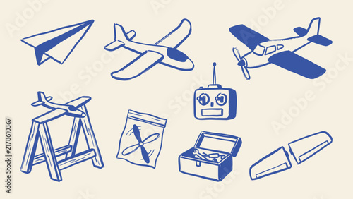 Hand drawn model airplane hobby vector illustrations featuring RC planes remote control toolbox and parts