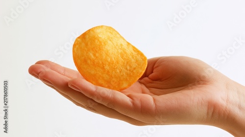 Single Potato Chip Held in a Person's Hand Against a White Background