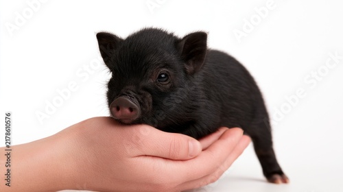 Cute baby black mini piglet being held in a human hand on a white background