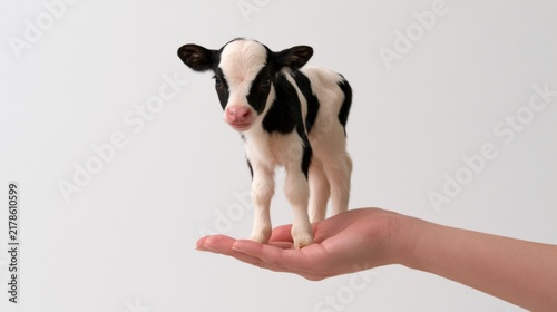 Tiny black and white Holstein calf standing in the palm of a human hand, conceptual miniature animal on white background