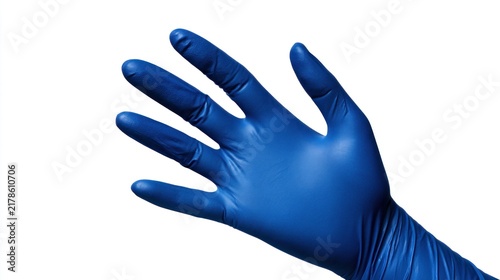 Hand wearing blue nitrile medical glove isolated on white background