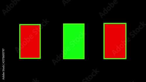 Digital loading bar animation with red and green blocks on a black background.
