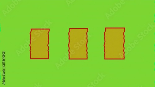Three vertical golden rectangles on a vibrant green background with retro film grain effect.