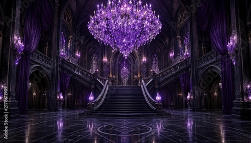 Gothic palace hall with purple crystal chandelier and staircase