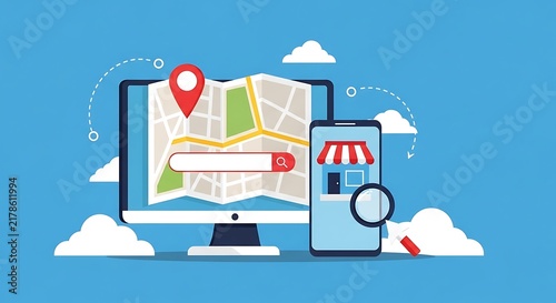 Digital Local Business Search and Navigation Concept with Desktop and Smartphone