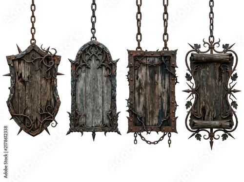 Four black hanging lanterns on chain in a row