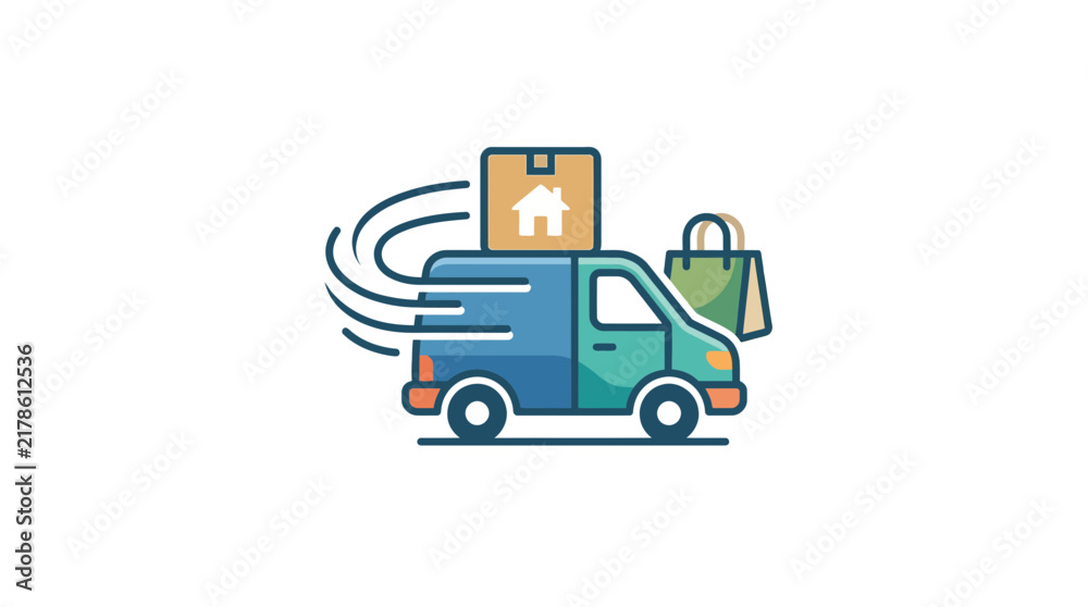 Fototapeta premium Fast delivery van icon with house package and shopping bag for e-commerce logistics