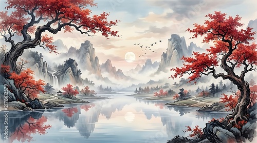 Mountain landscape with red trees and lake reflection