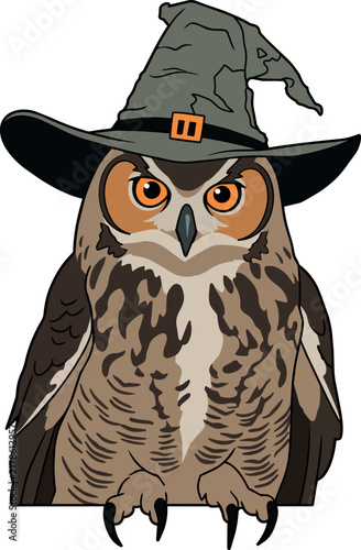 An owl in a hat, isolated illustration for Halloween