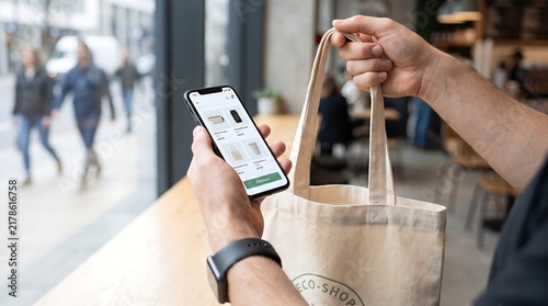 ** Man Using Smartphone for Mobile Payment in Urban Coffee Shop with Eco-friendly Tote Bag