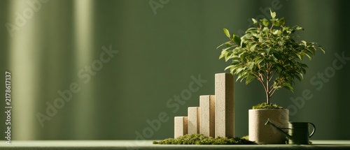 Small indoor tree with green leaves in planter on moss with stone bar graph growth concept on green background