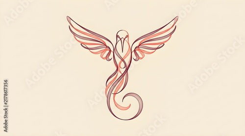 Elegant Abstract Bird with Flowing Ribbon Wings Line Art on Beige Background
