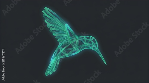Abstract Glowing Hummingbird Made of Geometric Neon Lines on Dark Background
